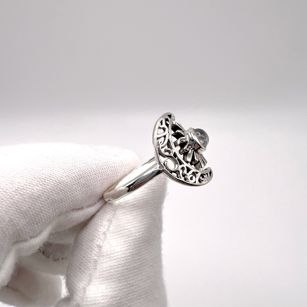 Genuine Rainbow Moonstone .825 Sterling Silver Filigree Crescent Moon & Sun Ring - Picture 9 of 17